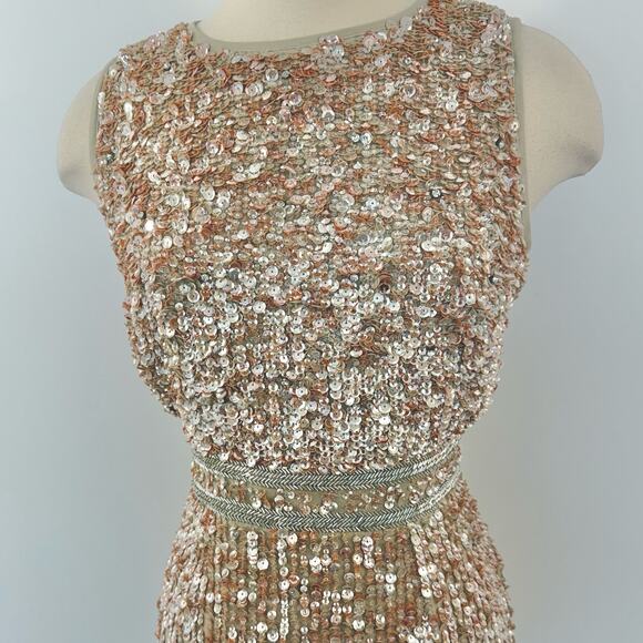 Mac Duggal Sequin Sleeveless Sheath Midi Cocktail Dress in Beige Rose Gold 8 - Picture 4 of 14